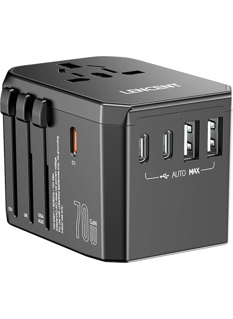 LENCENT 70W Universal Travel Adapter, GaN International Fast Charger with 3 PD3.0 Type C+2 QC USB A, Worldwide Power Adapter for Phones,Laptops, All in One Travel Essentials for EU/USA/UK/AU