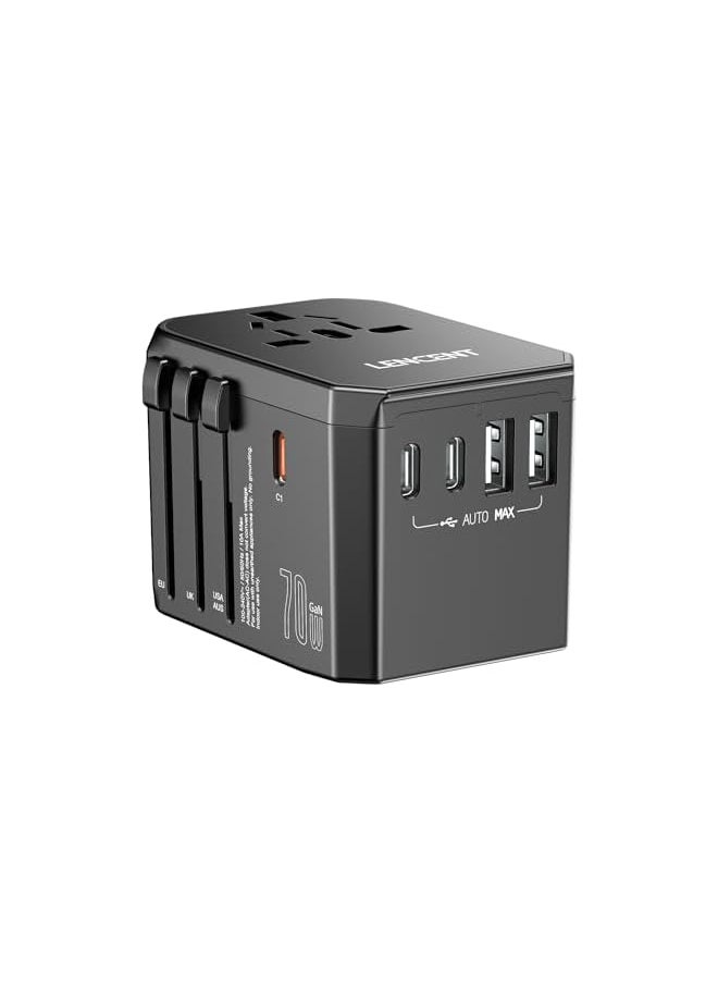 LENCENT 70W Universal Travel Adapter, GaN International Fast Charger with 3 PD3.0 Type C+2 QC USB A, Worldwide Power Adapter for Phones,Laptops, All in One Travel Essentials for EU/USA/UK/AU