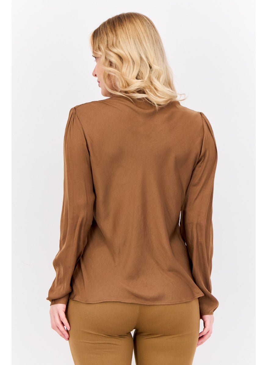 T Tahari - Women Mock Neck Long Sleeves Satin Plain Top, Dark Brown - Image 1