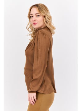 T Tahari Women Mock Neck Long Sleeves Satin Plain Top, Dark Brown  - Image 2