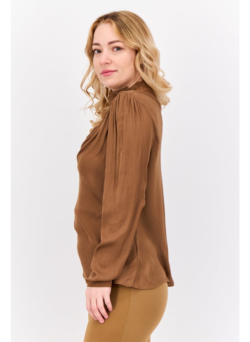 T Tahari - Women Mock Neck Long Sleeves Satin Plain Top, Dark Brown - Image 1