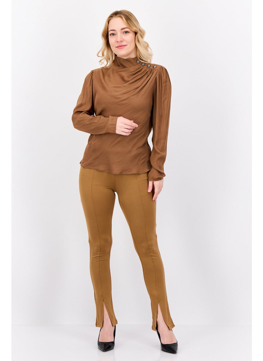 T Tahari - Women Mock Neck Long Sleeves Satin Plain Top, Dark Brown - Image 1