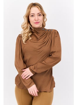 Women Mock Neck Long Sleeves Satin Plain Top, Dark Brown
