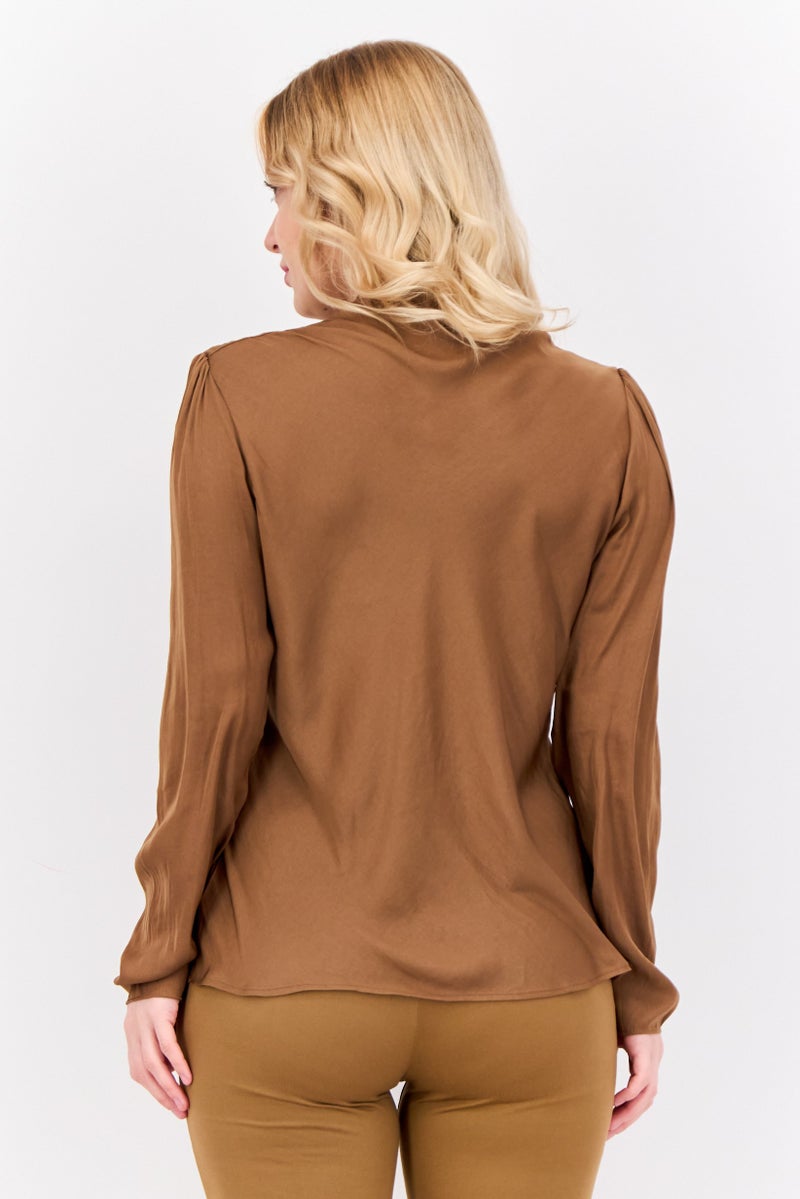 Tahari T Tahari Women Mock Neck Long Sleeves Satin Plain Blouse, Brown - Image 3