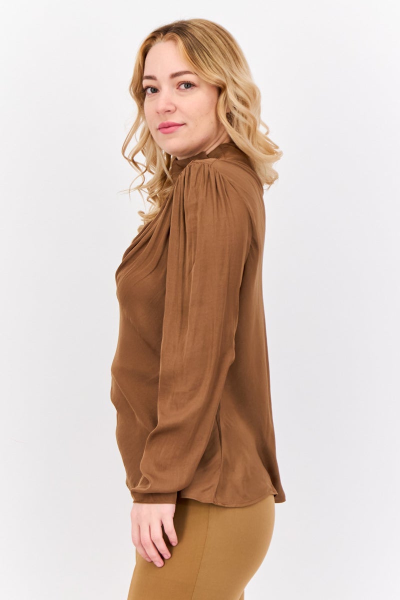 Tahari T Tahari Women Mock Neck Long Sleeves Satin Plain Blouse, Brown - Image 2