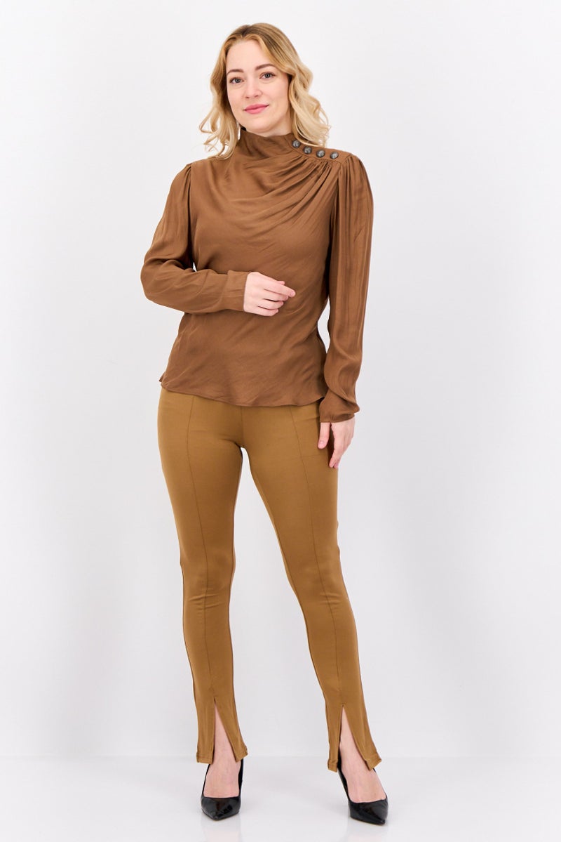 Tahari T Tahari Women Mock Neck Long Sleeves Satin Plain Blouse, Brown - Image 4