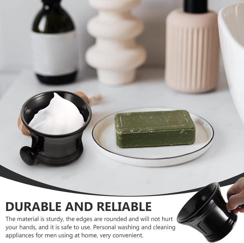 comfrt Shaving Cream Bowl Ceramic Shaving Bowl with Handle Shaving Cream Foaming Cup for Man Black Shaving Mug - Image 3