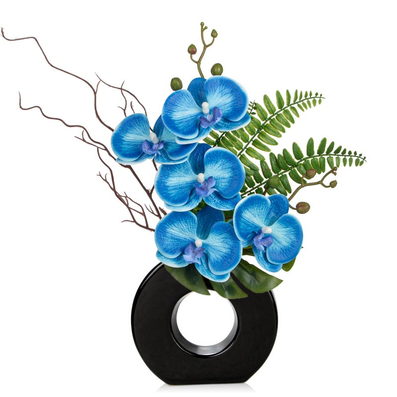Briful Blue Orchid Fake Flowers with Black Vase 161 Artificial Orchid Silk Flowers Faux Orchid Arrangement for Home Office Room Table Centerpiece Modern Decoration