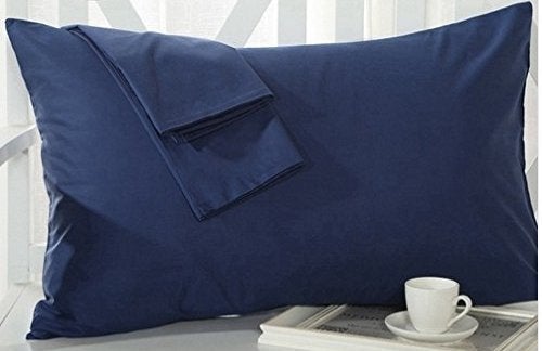Om Bedding Collection Travel Pillowcase 12x16 500 Thread Count Egyptian Cotton Set of 2 Toddler Pillowcase Zipper Closer 100% Egyptian Cotton (Toddler Travel 12x16 Zipper, Navy Blue Solid) - Image 1