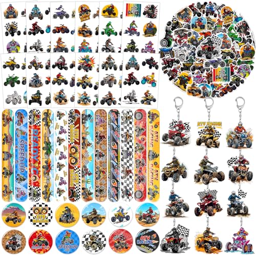 Lcnjscgo 98 PCS ATV Party Favors Four Wheeler ATV Dirt Bike Temporary Tattoos Slap Bracelets Keychains Stickers Badges for ATV Birthday Party Decorations Supplies Gifts for Kids Classroom Rewards - Image 1
