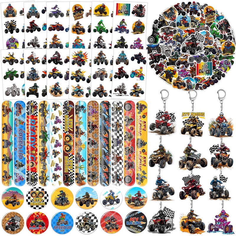 Lcnjscgo 98 PCS ATV Party Favors Four Wheeler ATV Dirt Bike Temporary Tattoos Slap Bracelets Keychains Stickers Badges for ATV Birthday Party Decorations Supplies Gifts for Kids Classroom Rewards - Image 3