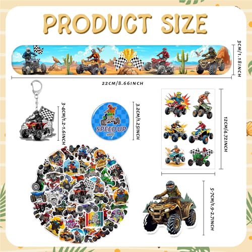Lcnjscgo 98 PCS ATV Party Favors Four Wheeler ATV Dirt Bike Temporary Tattoos Slap Bracelets Keychains Stickers Badges for ATV Birthday Party Decorations Supplies Gifts for Kids Classroom Rewards - Image 5