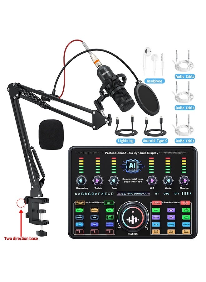 Built-in AI Function Sound Card Microphone Podcast Package,Streaming Audio Mixer with Microphone Stand/Suitable for Live Broadcast/Podcast/Youtube/PC/Smartphone
