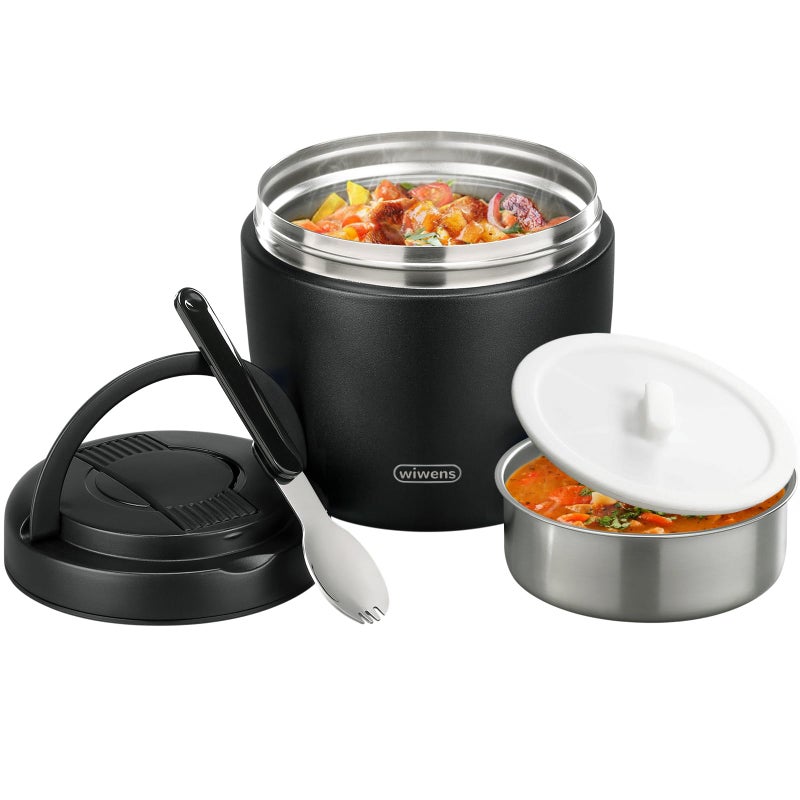 wiwens Thermo Food Jar for Hot Food Adults 32OZ Soup Thermo Lunch Containers Wide Mouth Vacuum Insulated Stainless Steel Leakproof Bento Box with Spoon (Black) - Image 1