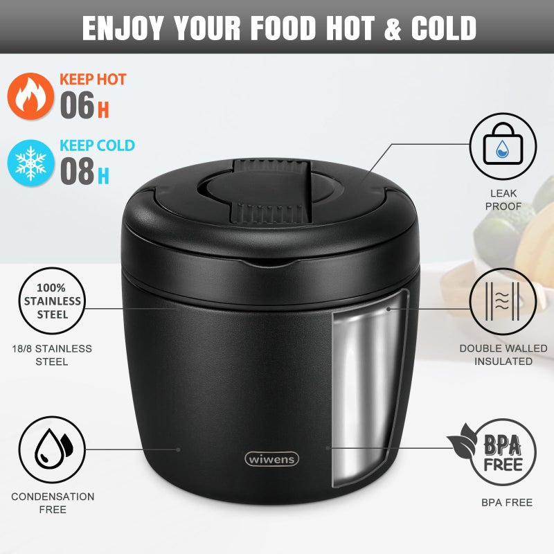 wiwens Thermo Food Jar for Hot Food Adults 32OZ Soup Thermo Lunch Containers Wide Mouth Vacuum Insulated Stainless Steel Leakproof Bento Box with Spoon (Black) - Image 3