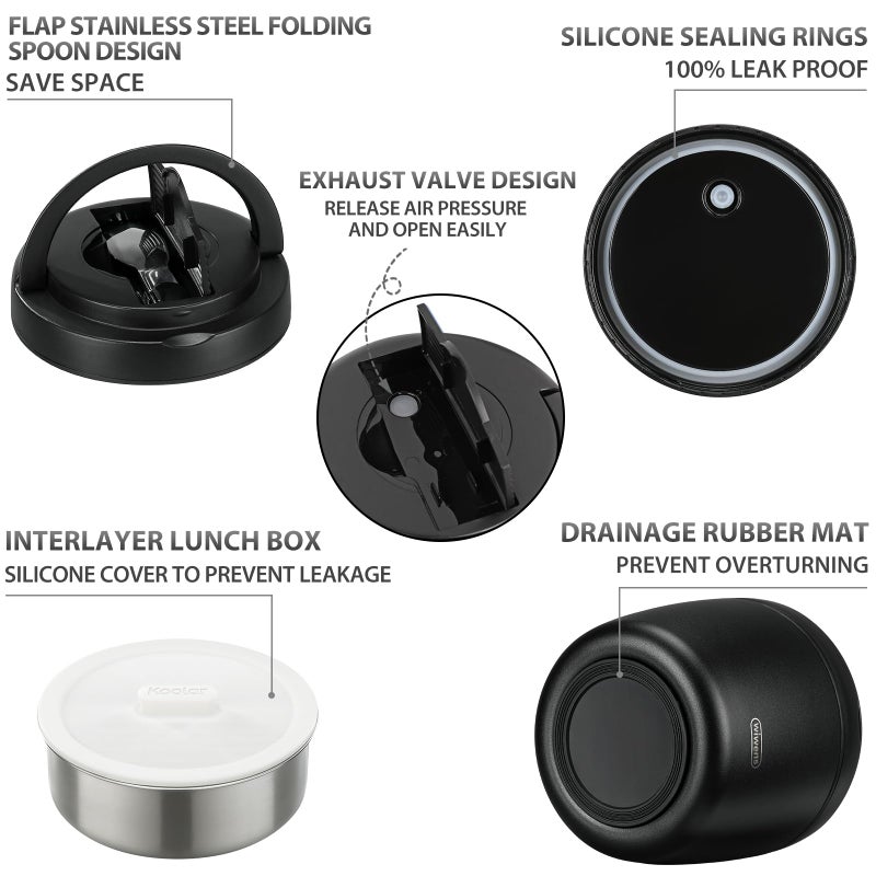 wiwens Thermo Food Jar for Hot Food Adults 32OZ Soup Thermo Lunch Containers Wide Mouth Vacuum Insulated Stainless Steel Leakproof Bento Box with Spoon (Black) - Image 4