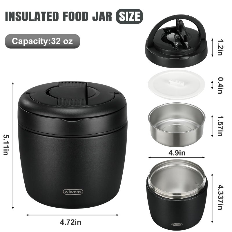 wiwens Thermo Food Jar for Hot Food Adults 32OZ Soup Thermo Lunch Containers Wide Mouth Vacuum Insulated Stainless Steel Leakproof Bento Box with Spoon (Black) - Image 5