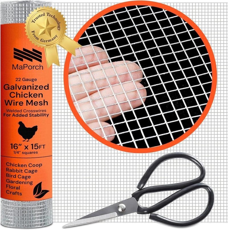 MAPORCH Chicken Wire Mesh Hardware Cloth - 16" x 15 ft, 18-Gauge, 1/4-In Hex Galvanized Steel for Chicken Wire Fencing, Poultry Netting & Rabbit Fence - Includes Cutting Scissors - Image 1