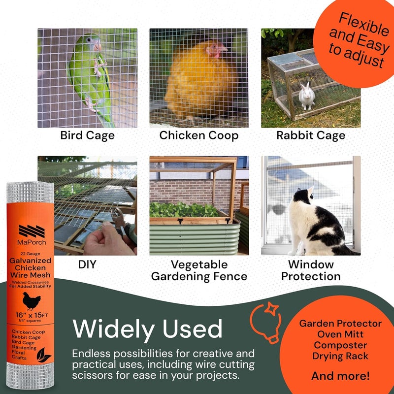 MAPORCH Chicken Wire Mesh Hardware Cloth - 16" x 15 ft, 18-Gauge, 1/4-In Hex Galvanized Steel for Chicken Wire Fencing, Poultry Netting & Rabbit Fence - Includes Cutting Scissors - Image 4