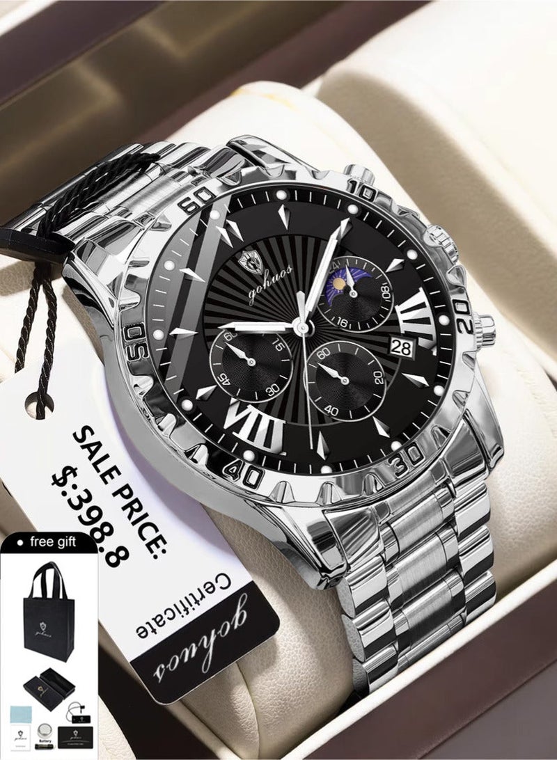 جوهوس ساعة رجالية، ساعة يد فاخرة من أفضل العلامات التجارية، مصنوعة من الفولاذ المقاوم للصدأ، مزودة بقرص كوارتز مضيء، مقاومة للماء، مزودة بوظيفة الكرونوغراف، تعرض التاريخ واليوم، ساعة يد أنيقة للعمل - 44 مم - هدية للأب أو الصديق - Image 1