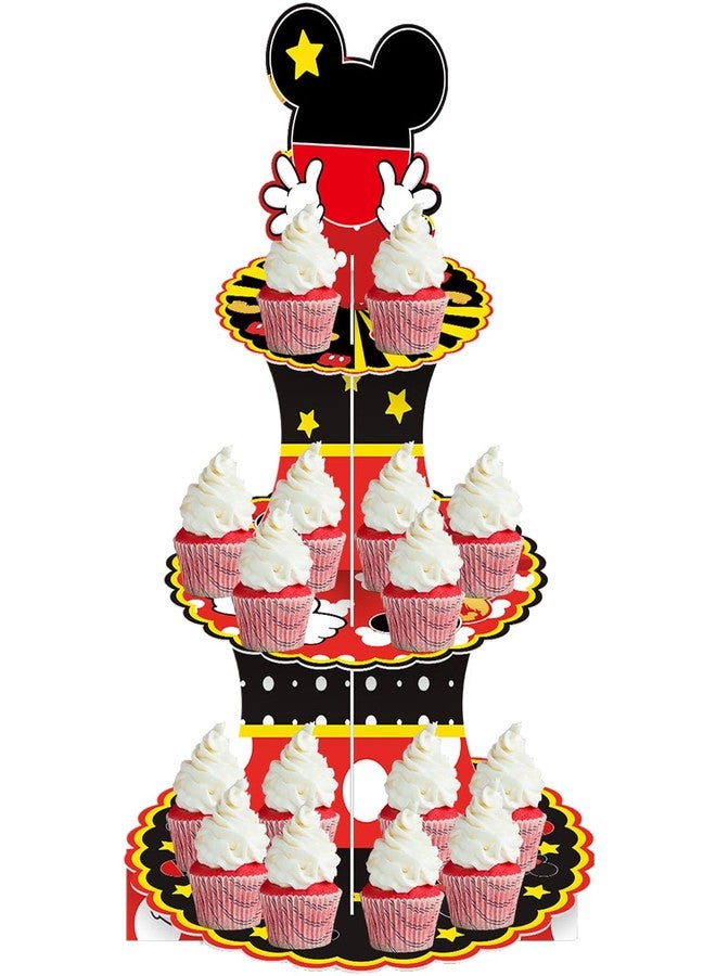 NF orange 3-Tier Cartoon Mouse Themed Birthday Cupcake Stand,Black and Red Mouse Dessert Stand Birthday Party Supplies - Image 1