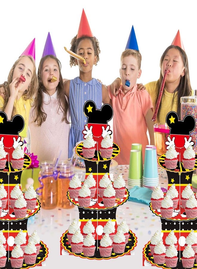 NF orange 3-Tier Cartoon Mouse Themed Birthday Cupcake Stand,Black and Red Mouse Dessert Stand Birthday Party Supplies - Image 5