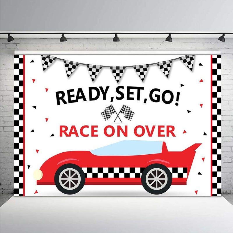 MEHOFOND Race Car Birthday Party Backdrop Props Boy Start Your Engines Race On Over Black and Red Party Decorations Photography Background Photo Banner for Cake Table Supplies 7x5ft