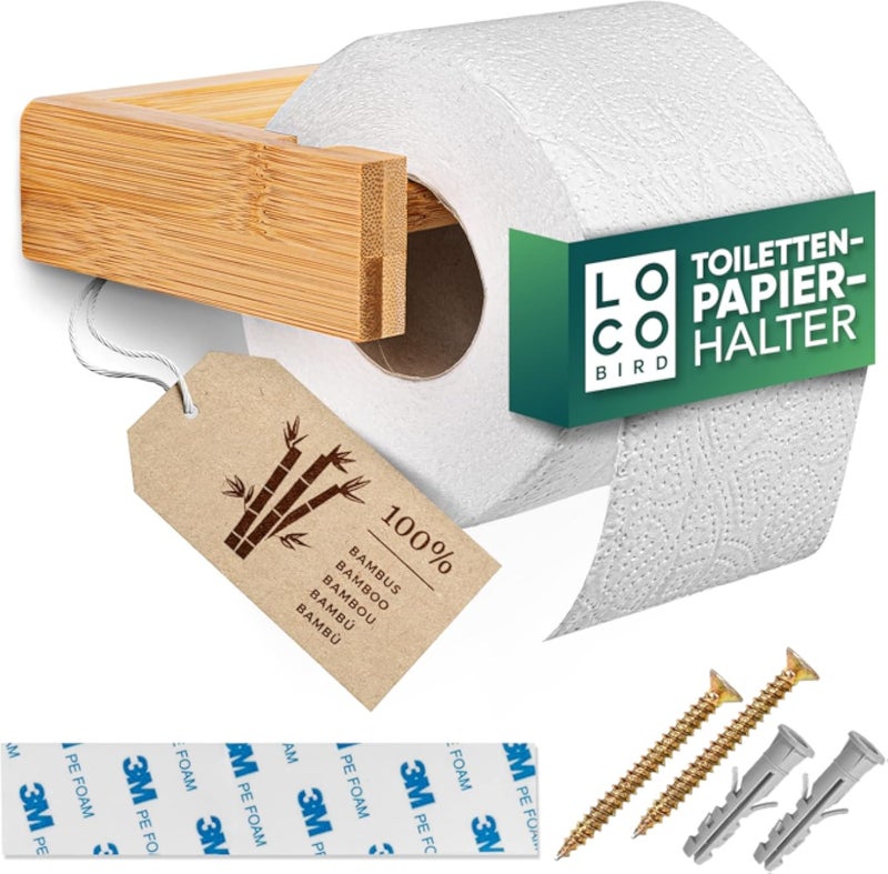 حامل ورق تواليت من الخيزران بتصميم طائر لوكو من سيدورينكو - لا يحتاج إلى ثقب - حامل ورق تواليت خشبي ذاتي اللصق يتضمن شريط لاصق ومسامير - حامل ورق تواليت للصق - حامل ورق تواليت