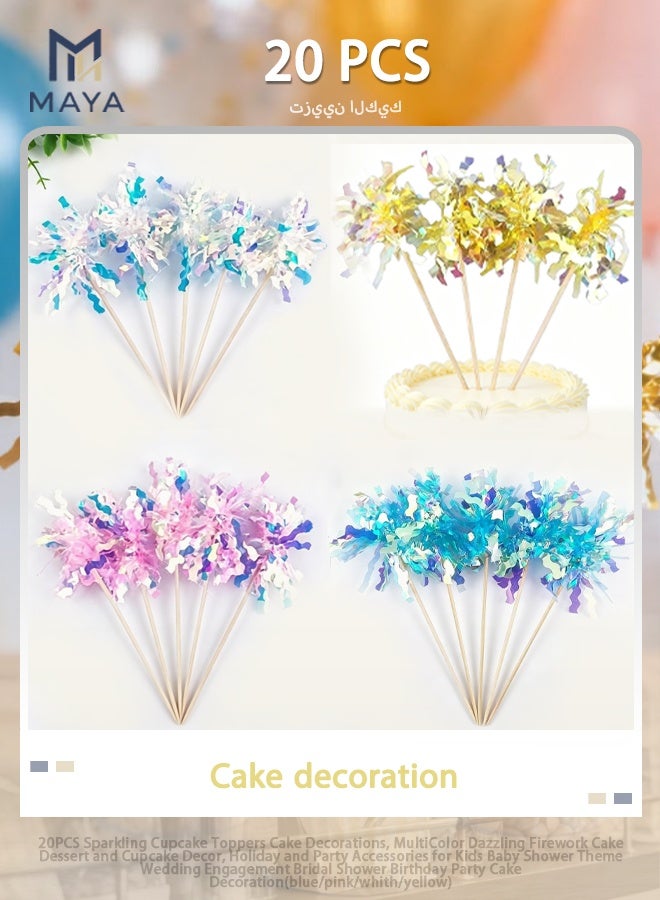 Maya 20PCS Sparkling Cupcake Toppers Cake Decorations, MultiColor Dazzling Firework Cake Dessert and Cupcake Decor, Holiday and Party Accessories for Kids Baby Shower Theme Wedding Engagement Bridal Shower Birthday Party Cake Decoration(blue/pink/whith/yellow) - Image 1
