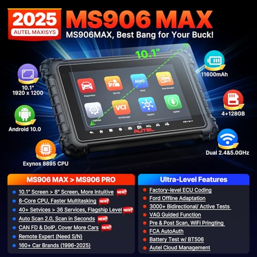 Autel MaxiSys MS906MAX 10.1" Scanner, 2025 MS906 MAX 2.0 Up of MS906 PRO MP900BT MS908S MK908, OE Bidirectional Diagnostic Scan Tool, 3000+ Active Test, 40+ Reset, All Sys, Auto Scan 2.0, CAN FD DoIP - Image 2