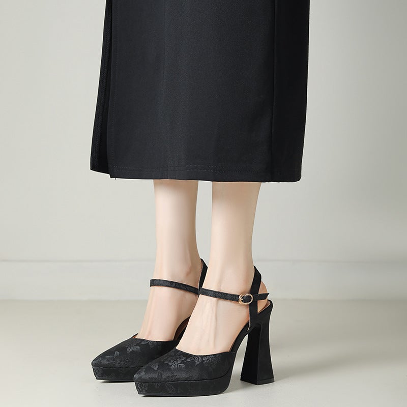 Elegant High Heel Thick Bottom 33-43 Plus Size Pointed Buckle Baotou Sandals - Image 4