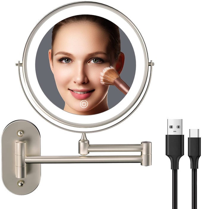 RECHARGEABLE WALL MOUNTED LIGHTED MAKEUP VANITY MIRROR 8 INCH DOUBLE SIDED 1X 10X MAGNIFYING BATHROOM MIRROR 3 COLOR LIGHTING TOUCH SCREEN DIMMING EXTENDED ARM 360 ROTATION SHAVING LIGHT UP MIRROR