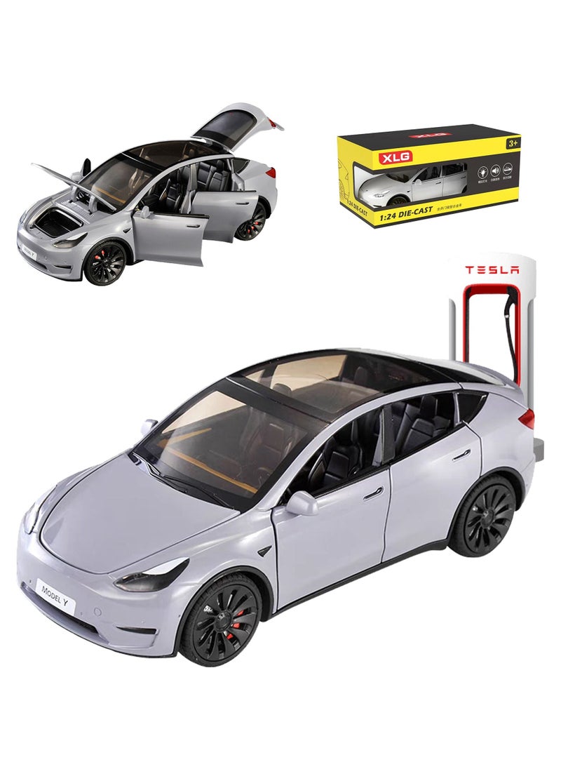 CHE ZHI 1:24 Scale Tesla Model Car Toy Pull Back with Sound and Light, Alloy Diecast Vehicles Toys for Kids Gift, Car Model Collection Enthusiasts Gift, Grey  - Image 1