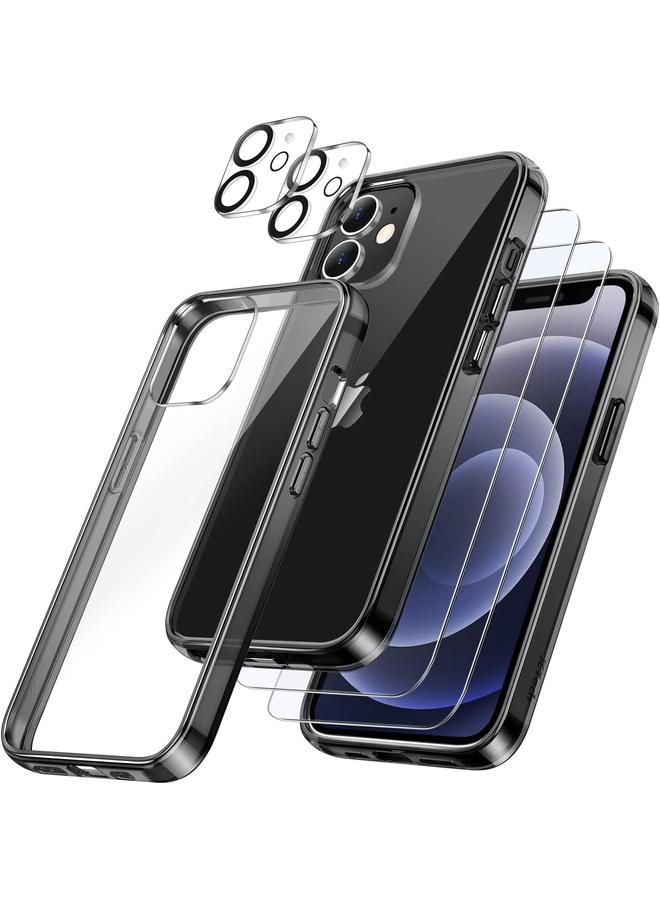 جي تيك جراب 5 في 1 لهاتف Iphone 12 Mini مقاس 5.4 بوصة مع قطعتين من واقي الشاشة وقطعتين من واقي عدسة الكاميرا بتغطية كاملة من الزجاج المقوى وغطاء هاتف مضاد للصدمات باللون الأسود - Image 1