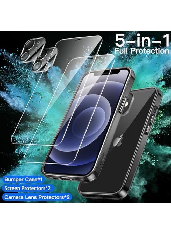 جي تيك جراب 5 في 1 لهاتف Iphone 12 Mini مقاس 5.4 بوصة مع قطعتين من واقي الشاشة وقطعتين من واقي عدسة الكاميرا بتغطية كاملة من الزجاج المقوى وغطاء هاتف مضاد للصدمات باللون الأسود - Image 2