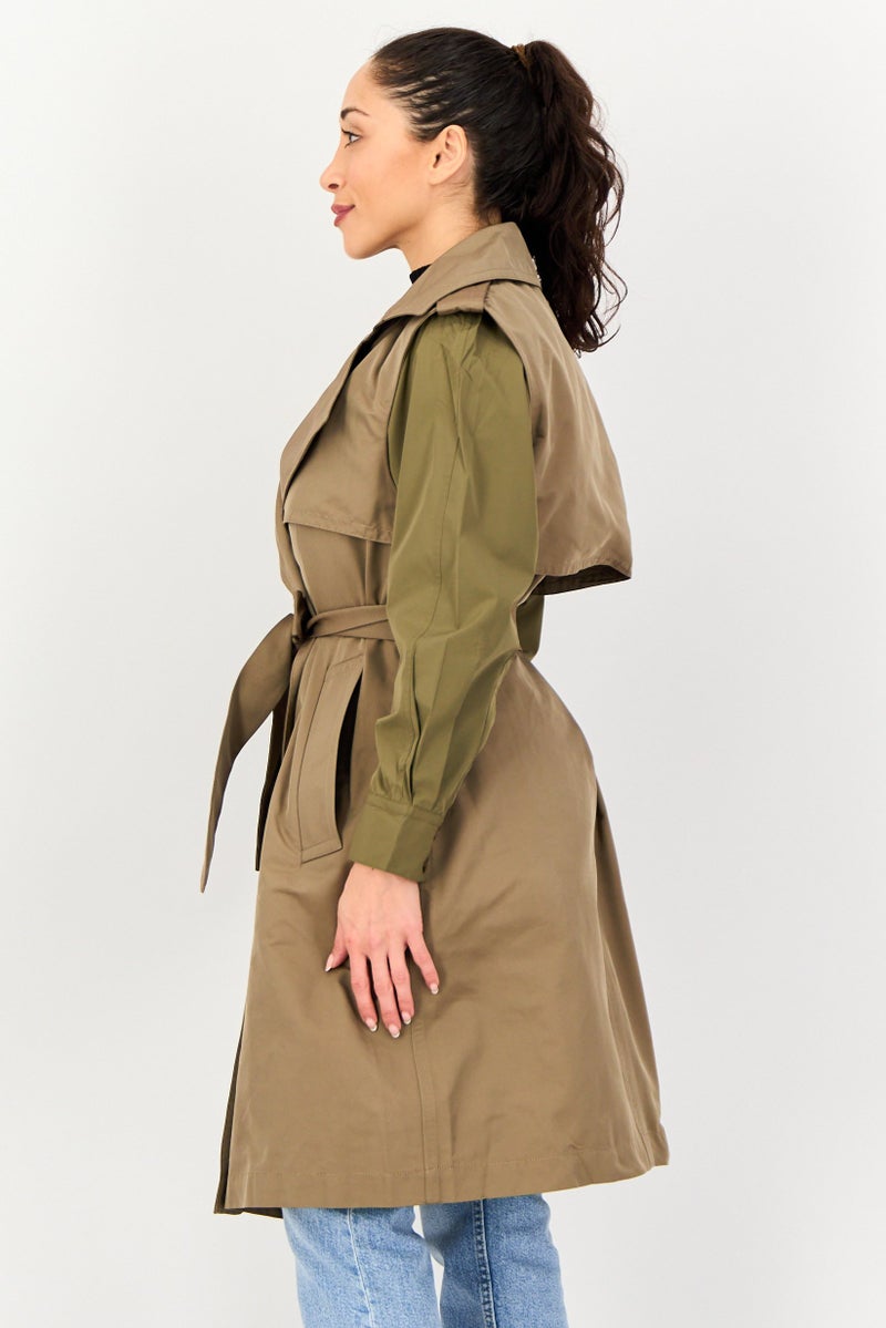 Selected x Raw Denim Society  Women Solid Belted Trench Coat, Green - Image 2