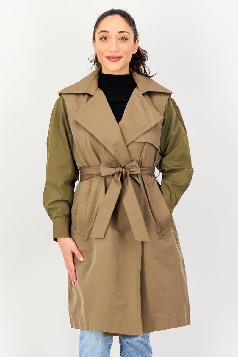 Selected x Raw Denim Society  Women Solid Belted Trench Coat, Green - Image 1