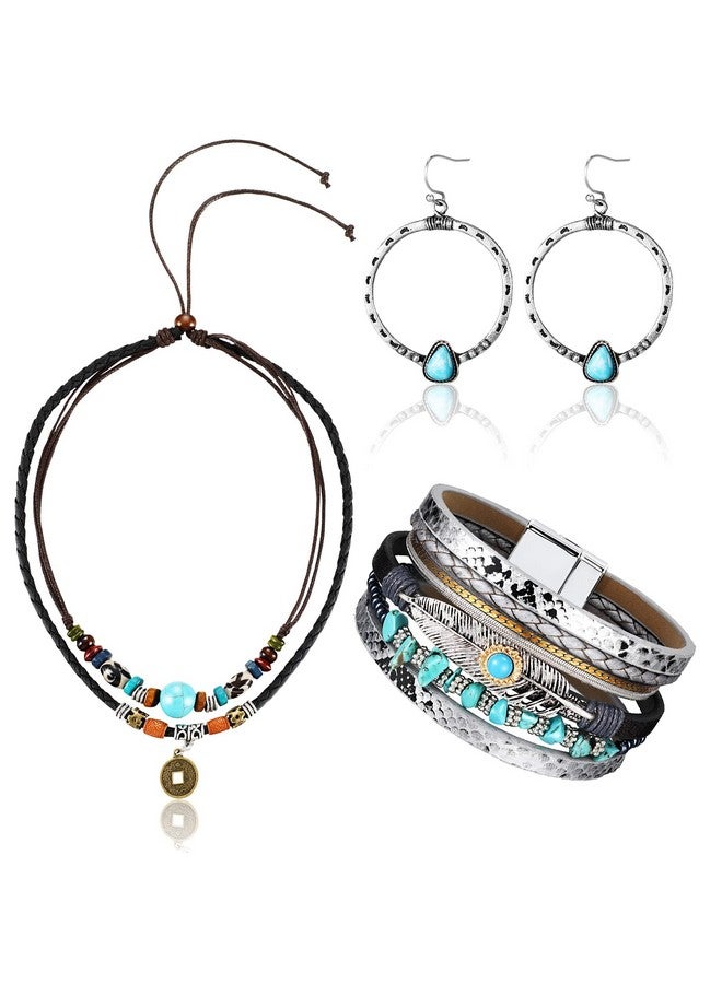 Inbagi 4 Pieces Western Jewelry For Women Bohemian Turquoise Pendant Choker Necklace Turquoise Boho Bangle Braided Leather Wristbands Bracelets And Vintage Turquoise Circle Earrings For Women(Vivid Style) - Image 1