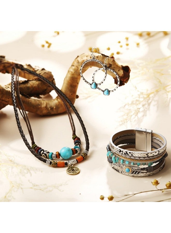 Inbagi 4 Pieces Western Jewelry For Women Bohemian Turquoise Pendant Choker Necklace Turquoise Boho Bangle Braided Leather Wristbands Bracelets And Vintage Turquoise Circle Earrings For Women(Vivid Style) - Image 4