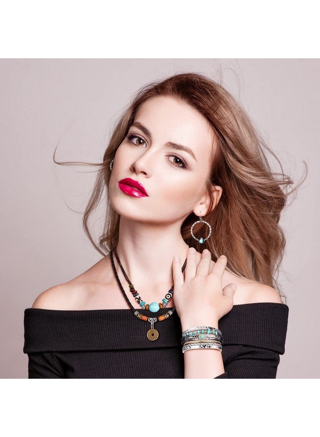 Inbagi 4 Pieces Western Jewelry For Women Bohemian Turquoise Pendant Choker Necklace Turquoise Boho Bangle Braided Leather Wristbands Bracelets And Vintage Turquoise Circle Earrings For Women(Vivid Style) - Image 2