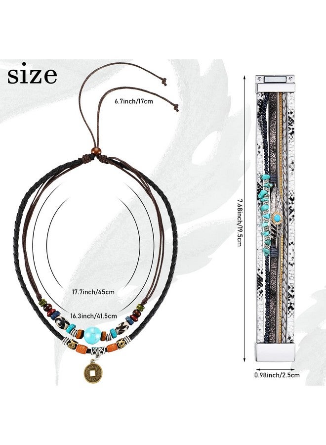 Inbagi 4 Pieces Western Jewelry For Women Bohemian Turquoise Pendant Choker Necklace Turquoise Boho Bangle Braided Leather Wristbands Bracelets And Vintage Turquoise Circle Earrings For Women(Vivid Style) - Image 3