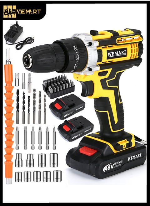 48V Cordless Drill, Two Li-Ion Batteries and Fast Charger, 3/8" Drill Kit, 25+3 Position Clutch, LED Work Light, Variable Speed ​​Drill, 186 lbs of Torque, 24 Accessories + 32-Piece Drill Bit Box