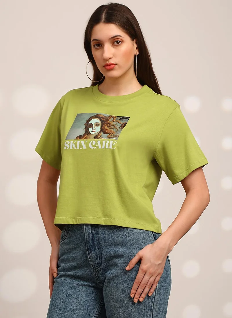 globus Globus Women Green Graphic Print Round Neck Drop Shoulder Sleeves Oversized Crop T-Shirt