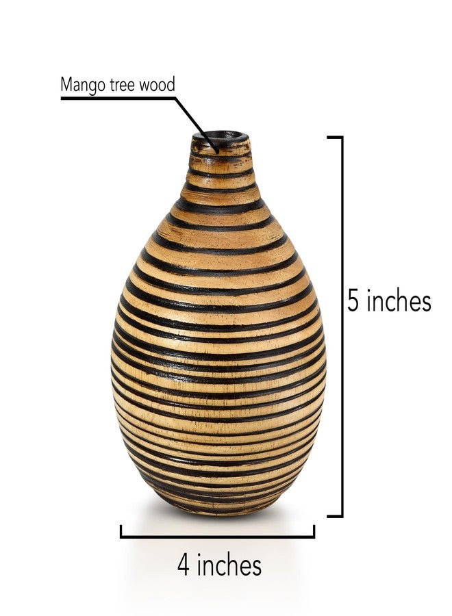 AeraVida Hand-Carved Round Black Stripes Small Brown Wooden Flower Vase | Mango Tree Wood Kitchen Decor | Handmade Vase | Handmade Home Office Table Vase - Image 5