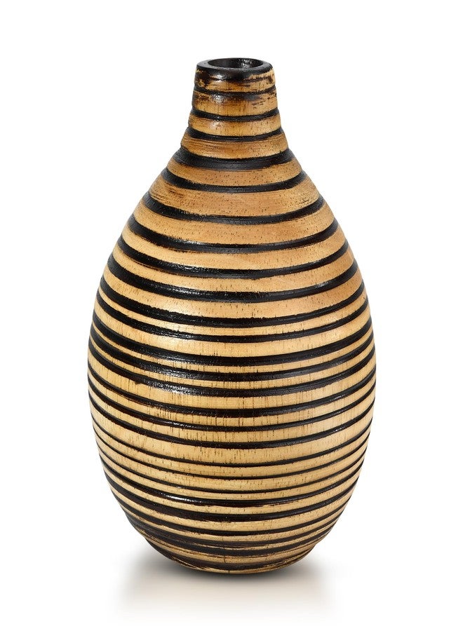 AeraVida Hand-Carved Round Black Stripes Small Brown Wooden Flower Vase | Mango Tree Wood Kitchen Decor | Handmade Vase | Handmade Home Office Table Vase - Image 1