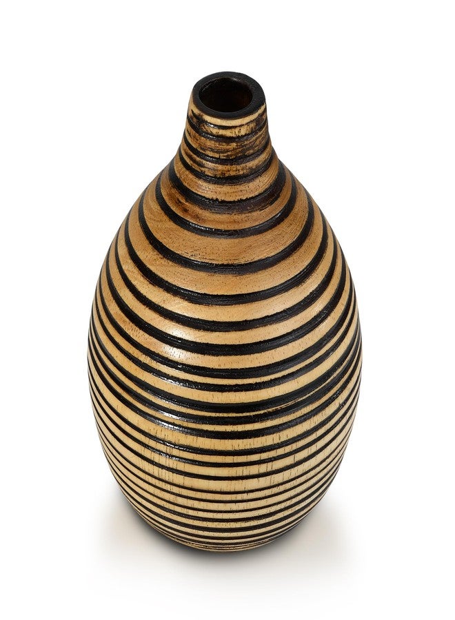 AeraVida Hand-Carved Round Black Stripes Small Brown Wooden Flower Vase | Mango Tree Wood Kitchen Decor | Handmade Vase | Handmade Home Office Table Vase - Image 2