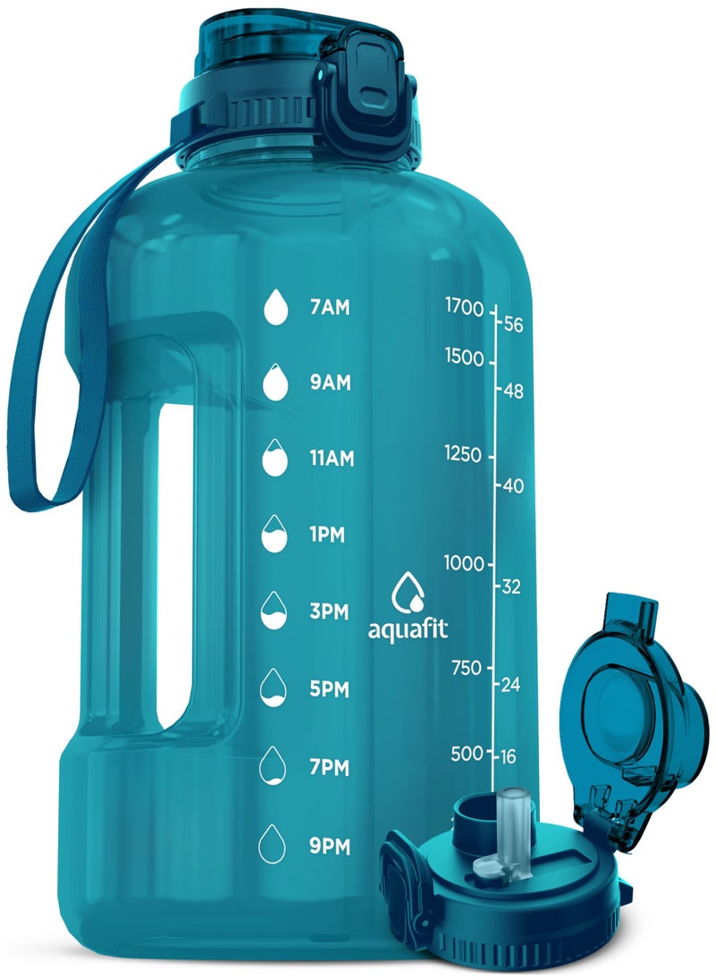 AQUAFIT 64 oz Water Bottle with Time Marker Half Gallon Gym Bottle with Straw Handle  2in1 Lid
