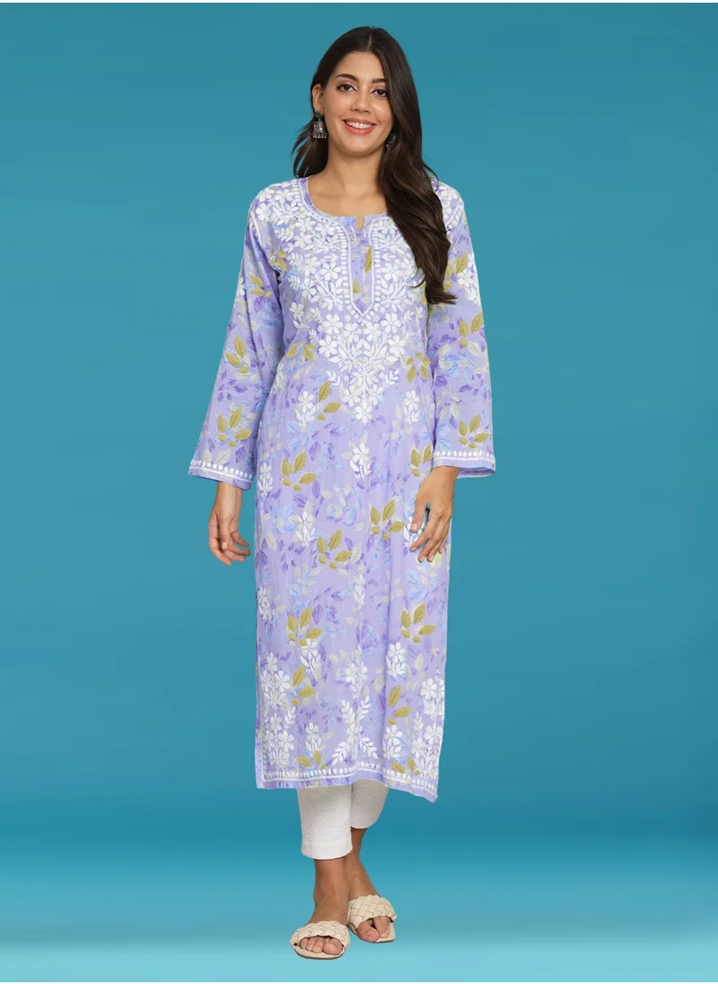 Alaya Hand Embroidered Chikan Printed Mulmul Kurta-AL3680