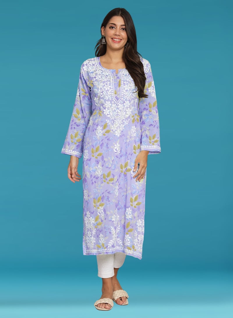 Alaya Hand Embroidered Chikan Printed Mulmul Kurta-AL3680  - Image 1