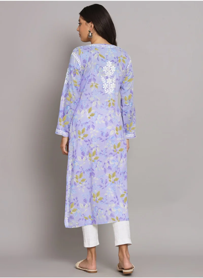 Alaya Hand Embroidered Chikan Printed Mulmul Kurta-AL3680